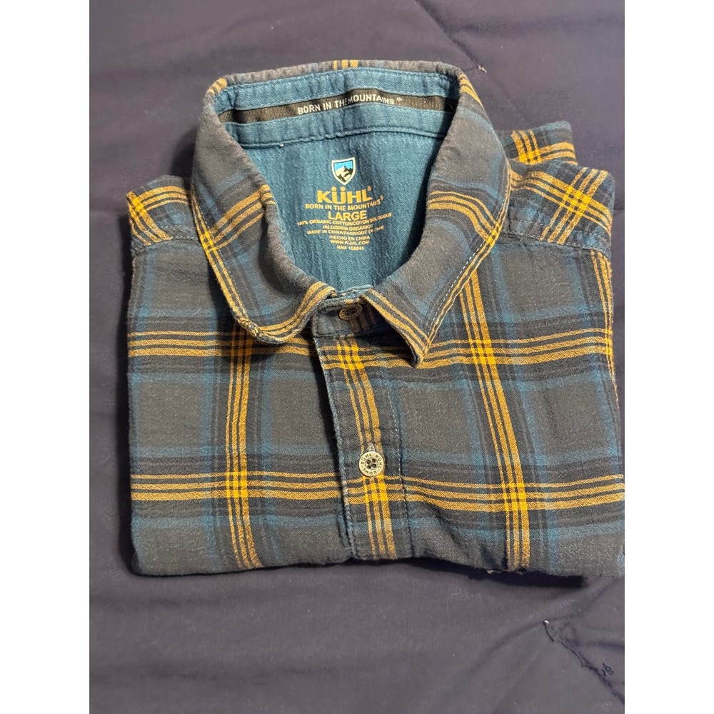 Kuhl Tropik Mens Large Blue Yellow Plaid Organic Cotton Short Sleeve Button Down